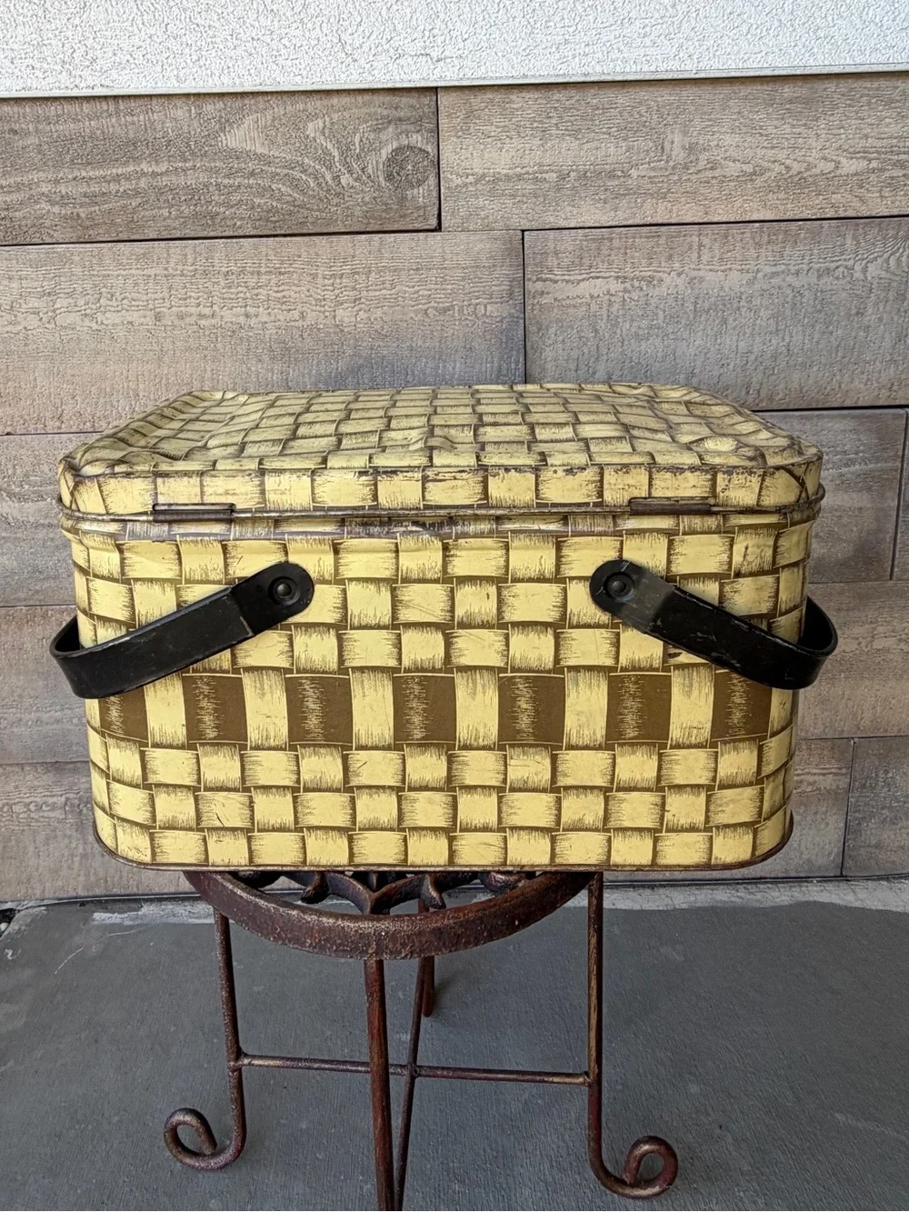 Vintage Yellow Woven-Style Storage Basket with Handles